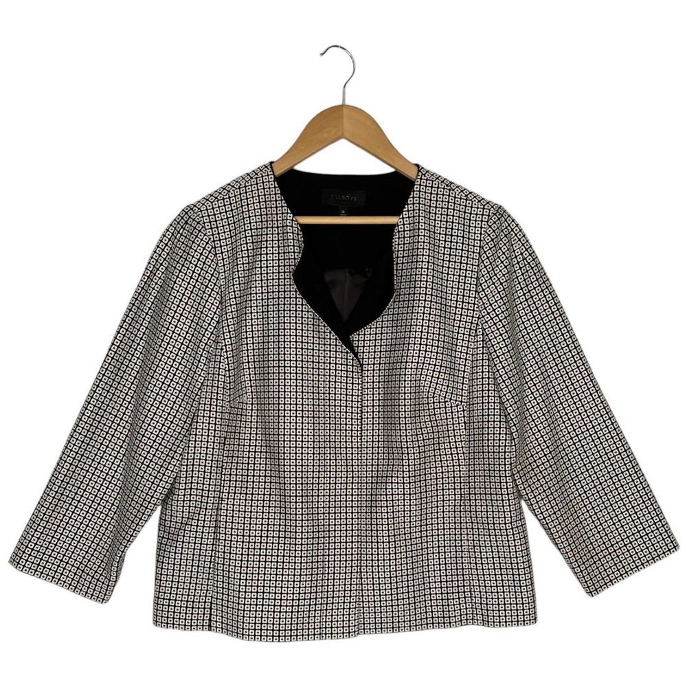 Talbots Womens Size 14 Blazer Hidden Buttons Square Print Lined Black